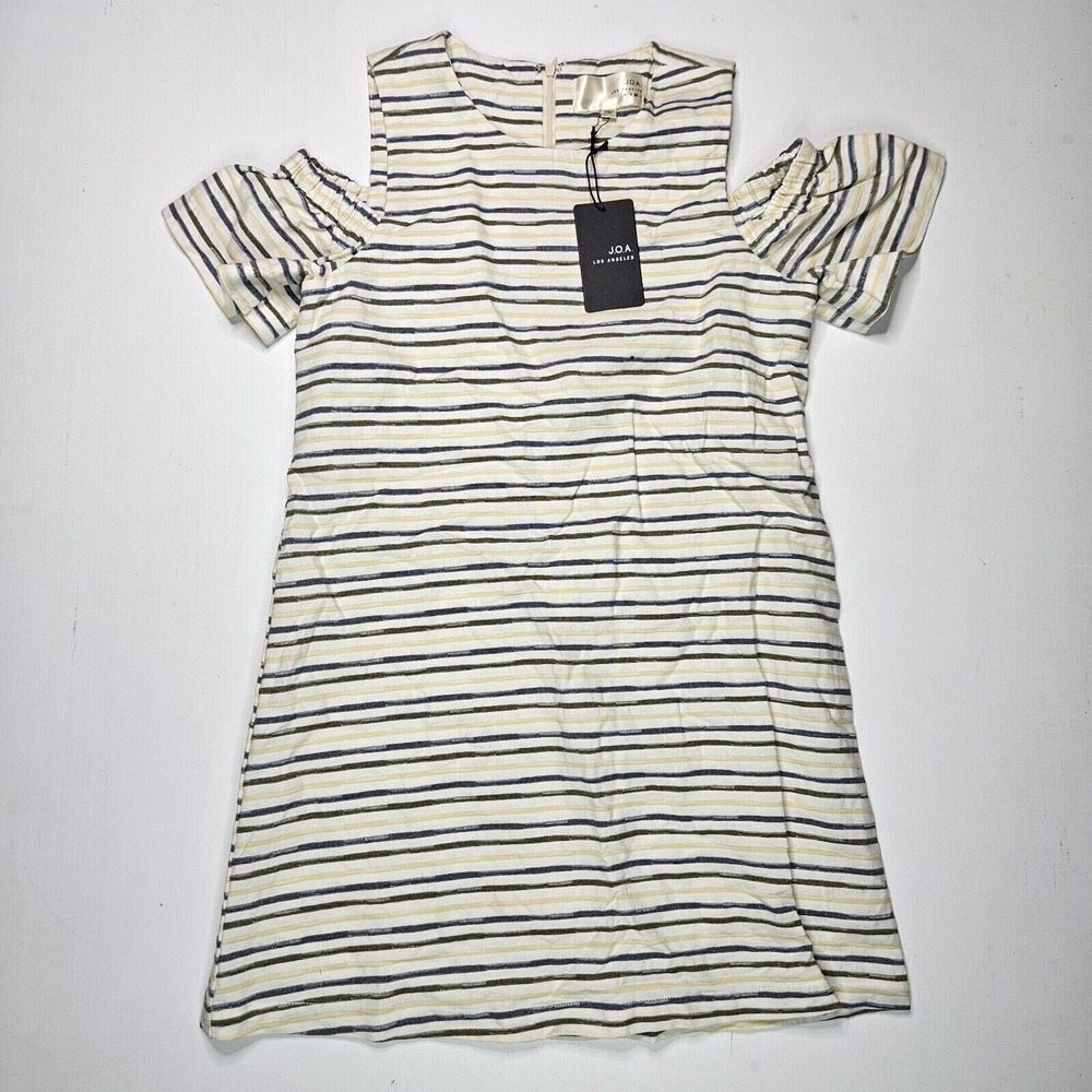 JOA Cold Shoulder Striped Dress Women M Olive Linen Blend Ruffle NEW